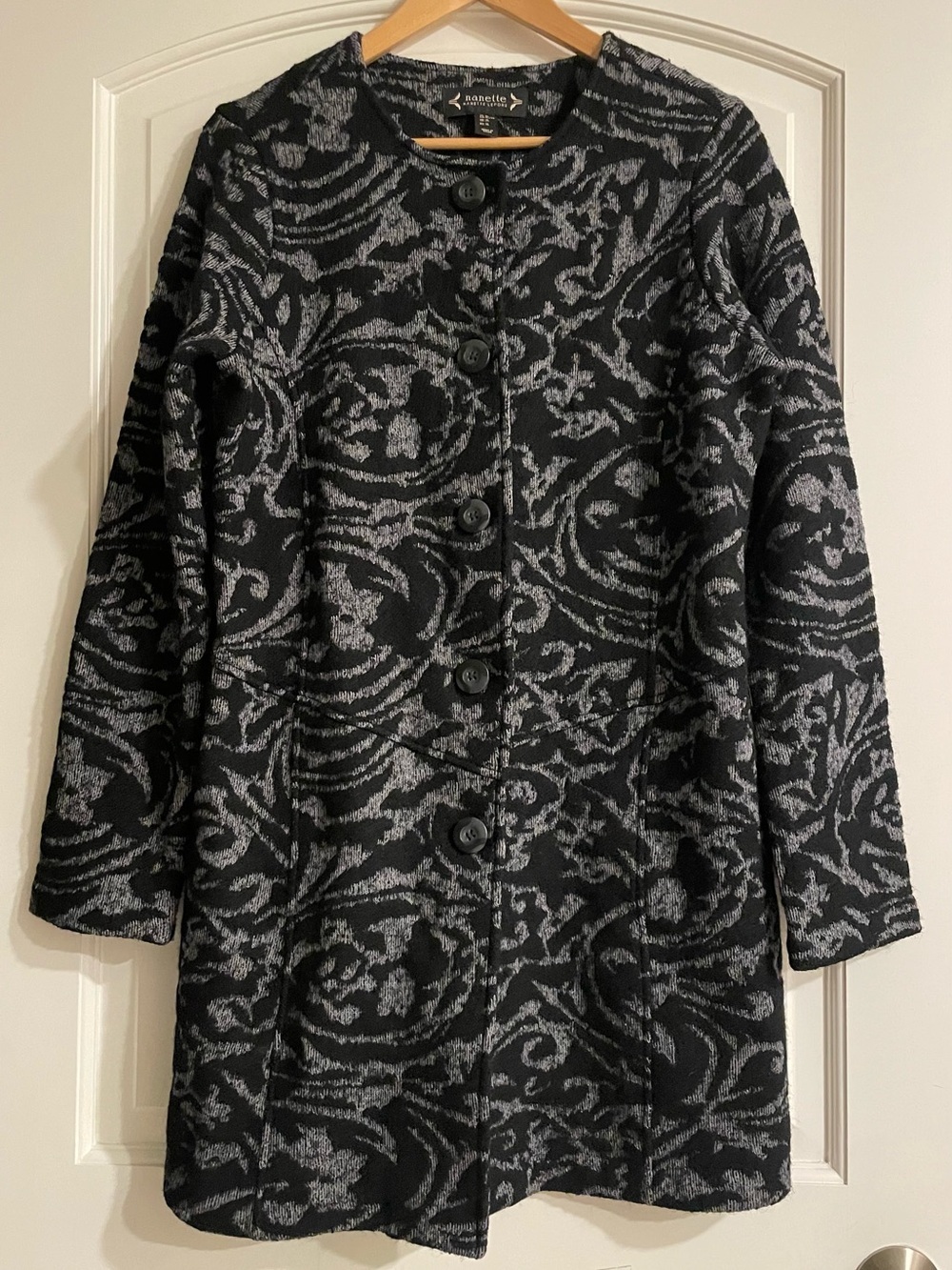 Nanette Lepore Jacquard Sweater Jacket Black Gray Filigree Wool Blend Size XL